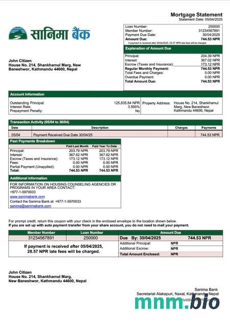 Nepal Sanima Bank wyciąg z kredytu hipotecznego szablon Word i PDF